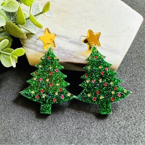 Christmas Tree Earrings Glitter Green acrylic lightweight Holiday Earrings